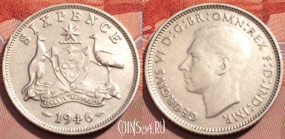 Австралия 6 пенсов 1946 года, Ag, KM# 38, 247-139