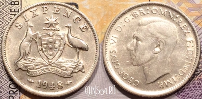 Австралия 6 пенсов 1948 года, Серебро, KM# 38a, 143-055