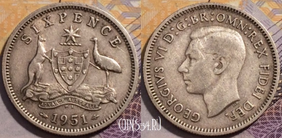 Австралия 6 пенсов 1951 года, Серебро, KM# 45, 225-136
