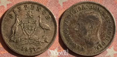 Австралия 6 пенсов 1951 года Ag, KM# 45, 186i-010