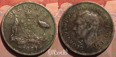 Австралия 6 пенсов 1951 года Ag, KM# 45, 241a-083