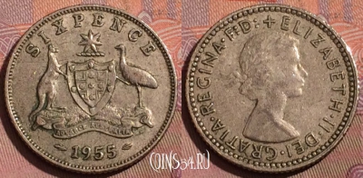Австралия 6 пенсов 1955 года Ag, KM# 58, 225b-044