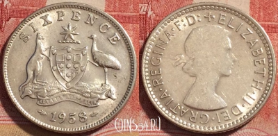 Австралия 6 пенсов 1958 года, Серебро, KM# 58, 258-143