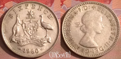 Австралия 6 пенсов 1960 года Ag, KM# 58, 099j-109