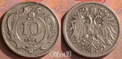 Австрия 10 геллеров 1908 года, KM# 2802, 279o-094