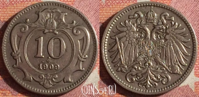 Австрия 10 геллеров 1909 года, KM# 2802, 361-041