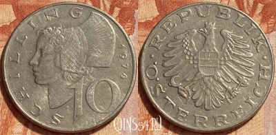 Австрия 10 шиллингов 1974 года, KM# 2918, 358q-120