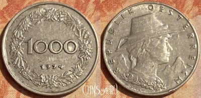 Австрия 1000 крон 1924 года, KM# 2834, 462q-558