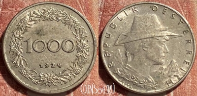 Австрия 1000 крон 1924 года, KM# 2834, 463r-362 ♛