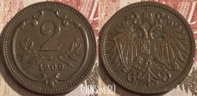 Австрия 2 геллера 1909 года, KM# 2801, 090s-082 ♛