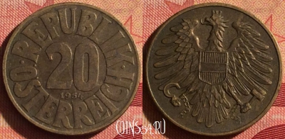 Австрия 20 грошей 1954 года, KM# 2877, 223i-084