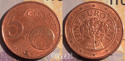 Австрия 5 евроцентов 2002 года, KM# 3084, 184a-080