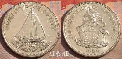 Багамские Острова 25 центов 1985 года, KM# 63.1, 164b-064