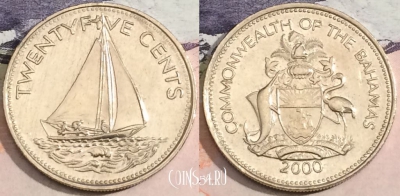 Багамы 25 центов 2000 года, KM# 63.2, 166-094