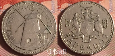 Барбадос 25 центов 1981 года, KM# 13, 320g-064