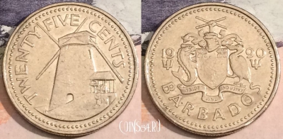 Барбадос 25 центов 1990 года, KM# 13, 166-102