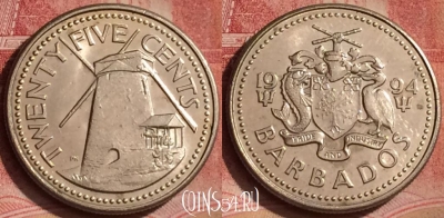 Барбадос 25 центов 1994 года, KM# 13, 077l-064