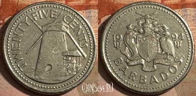 Барбадос 25 центов 1994 года, KM# 13, 082t-135