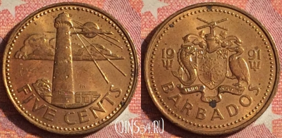 Барбадос 5 центов 1991 года, KM# 11, 373-014