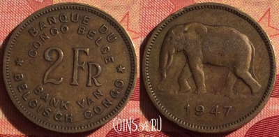 Бельгийское Конго 2 франка 1947 года, KM# 28, 222i-050