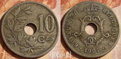 Бельгия 10 сантимов 1904 г., BELGIQUE, KM# 52, 491р-008