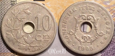 Бельгия 10 сантимов 1905 года, BELGIË, KM# 53, 139-117