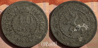 Бельгия 10 сантимов 1916 года, Q - E, KM# 81, 378s-057