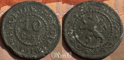 Бельгия 10 сантимов 1916 года, Q - E, KM# 81, 389s-056
