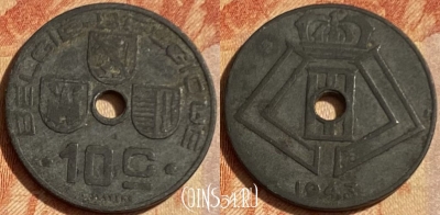 Бельгия 10 сантимов 1943 года, E-Q, KM# 126, 462q-374