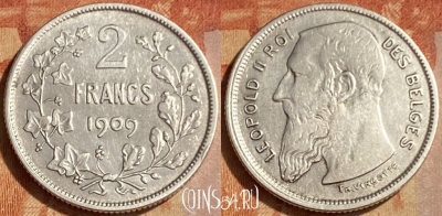 Бельгия 2 франка 1909 г., BELGES, Ag, KM# 58, 462q-362 ♛