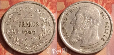 Бельгия 2 франка 1909 г. Ag, DES BELGES, KM# 58, 125o-094