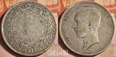 Бельгия 2 франка 1911 г., Ag, BELGES, KM# 74, 318p-076 ♛