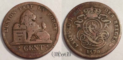 Бельгия 2 сантима 1870 года, см. состояние, 68-028b