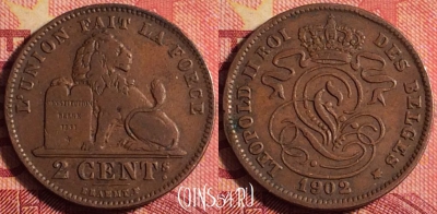 Бельгия 2 сантима 1902 г., DES BELGES, KM# 35, 164j-039