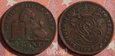 Бельгия 2 сантима 1905 г., DES BELGES, KM# 35, 352-044
