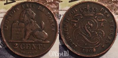 Бельгия 2 сантима 1909 года,  KM# 35, 238-058
