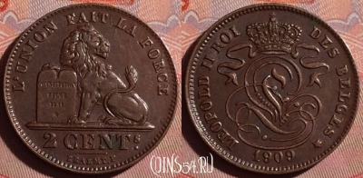 Бельгия 2 сантима 1909 г., DES, KM# 35, 261f-140 ♛