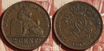 Бельгия 2 сантима 1909 г., DES, KM# 35, 219p-072 ♛