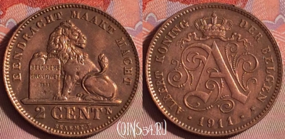 Бельгия 2 сантима 1911 года DER BELGEN, KM# 65, 149j-103