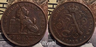 Бельгия 2 сантима 1912 года,  KM# 65, 239-042