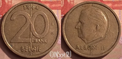 Бельгия 20 франков 1994 года, BELGIE, KM# 192, 449-088