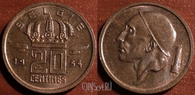 Бельгия 20 сантимов 1954 года, BELGIE, 60-025b