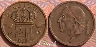 Бельгия 20 сантимов 1957 г., BELGIQUE, KM# 146, 057l-026