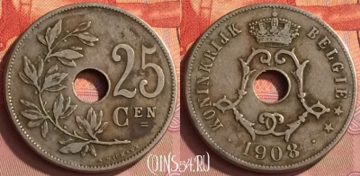 Бельгия 25 сантимов 1908 года, BELGIE, KM# 63, 232o-081