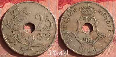 Бельгия 25 сантимов 1908 года, BELGIE, KM# 63, 328o-044