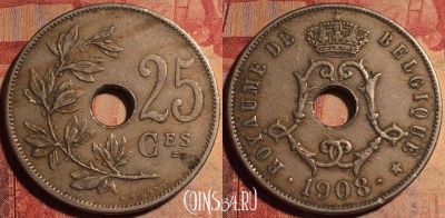 Бельгия 25 сантимов 1908 года, BELGIQUE, KM# 62, 175a-125