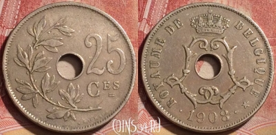 Бельгия 25 сантимов 1908 года, BELGIQUE, KM# 62, 191l-017