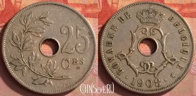 Бельгия 25 сантимов 1908 года, BELGIQUE, KM# 62, 237o-135
