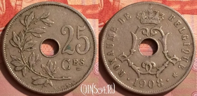 Бельгия 25 сантимов 1908 года, BELGIQUE, KM# 62, 393o-069