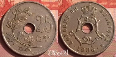 Бельгия 25 сантимов 1908 года, BELGIQUE, KM# 62, 393o-083